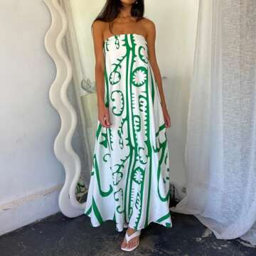 Elegant Floral Print Women Strapless Maxi Dress - Boho Beachwear
