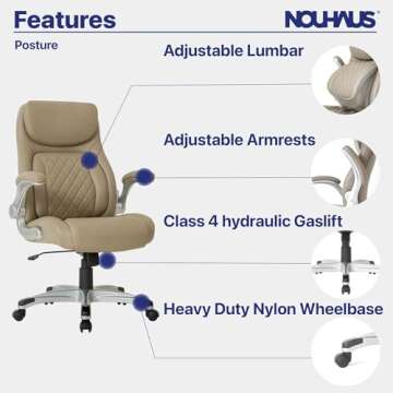Nouhaus +Posture Ergonomic PU Leather Office Chair. Click5 Lumbar Support with FlipAdjust Armrests. Modern Executive Chair and Computer Desk Chair (Taupe)
