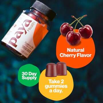 Paya Health Skin Retinol and Biotin Gummies for Clear, Smooth Skin, Healthy Hair & Nails | Supplement with Zinc, Vitamins A, E and C | Non-GMO, Gluten-Free, Cherry Flavor, 60 Count