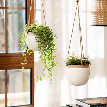 LA JOLIE MUSE Ceramic Hanging Planters Plant Pots - 5.5 Inch White Indoor Hanging Pots Modern Plant Holder with Jute Rope for Succulents Cactus Herbs Small Plants, Home Decor Gift, Set of 2