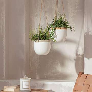 LA JOLIE MUSE Ceramic Hanging Planters Plant Pots - 5.5 Inch White Indoor Hanging Pots Modern Plant Holder with Jute Rope for Succulents Cactus Herbs Small Plants, Home Decor Gift, Set of 2