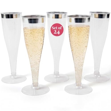 Prestee 24 Plastic Champagne Flutes Disposable - Silver Glitter Plastic Champagne Glasses, Elegant P...