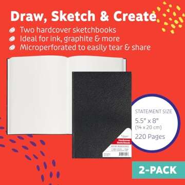 Hardcover Sketch Book 2 Pack Drawing Books 5.5" x 8" Sketchbooks, 110 Sheets Hardbound Journal, Ideal for Pencils, Graphite, Charcoal, Pen