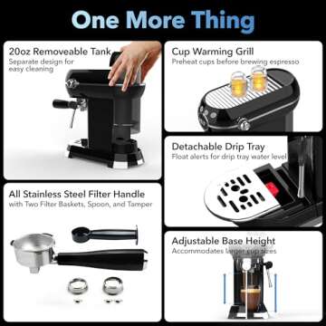 HBN Espresso Machine, 20 Bar Professional Espresso Maker with Milk Frother Steam Wand, Compact Coffee Machine with 27oz Removable Water Tank for Cappuccino, Latte, Americano