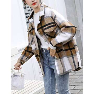 Springrain Women's Casual Wool Blend Plaid Button Down Long Sleeve Shacket Jacket Coat (Khaki-L) - C...