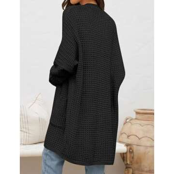 ZESICA Women's Fall Long Batwing Sleeve Open Front Chunky Knit Cardigan Sweater,B&Black,Large
