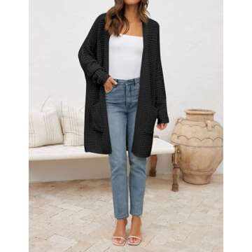 ZESICA Women's Fall Long Batwing Sleeve Open Front Chunky Knit Cardigan Sweater,B&Black,Large