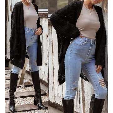 ZESICA Women's Fall Long Batwing Sleeve Open Front Chunky Knit Cardigan Sweater,B&Black,Large