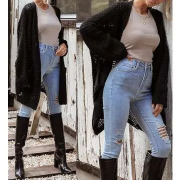 ZESICA Women's Fall Long Batwing Sleeve Open Front Chunky Knit Cardigan Sweater,B&Black,Large