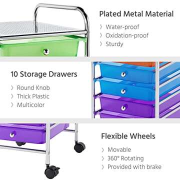 Yaheetech 10 Drawer Cart Rolling Plastic Storage Cart and Organizer Multipurpose Mobile Rolling Utility Storage Organizer for Home Office School and Workshop, Multicolor