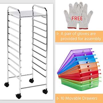 Yaheetech 10 Drawer Cart Rolling Plastic Storage Cart and Organizer Multipurpose Mobile Rolling Utility Storage Organizer for Home Office School and Workshop, Multicolor