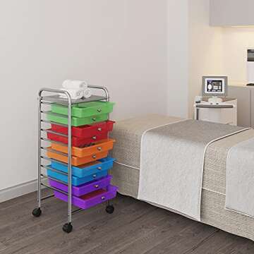 Yaheetech 10 Drawer Cart Rolling Plastic Storage Cart and Organizer Multipurpose Mobile Rolling Utility Storage Organizer for Home Office School and Workshop, Multicolor