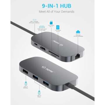 USB C Hub, 9-in-1 Type C Hub with Ethernet Port, 4K USB C to HDMI, 2 USB 3.0 Ports,1 USB 2.0 Port, USB-C Power Delivery, Portable for Mac Pro and Other Type C Laptops