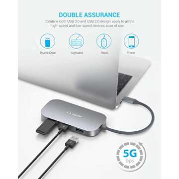 USB C Hub, 9-in-1 Type C Hub with Ethernet Port, 4K USB C to HDMI, 2 USB 3.0 Ports,1 USB 2.0 Port, USB-C Power Delivery, Portable for Mac Pro and Other Type C Laptops