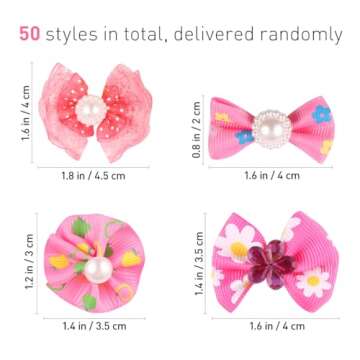 50pcs Dog Bows with Rubber Bands-Pet Cat Dog Hair Bows Multicolor Rhinestone Beads Flowers Topknot Puppy Bows(Random Mixed Color)