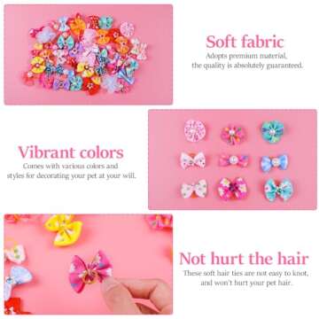 50pcs Dog Bows with Rubber Bands-Pet Cat Dog Hair Bows Multicolor Rhinestone Beads Flowers Topknot Puppy Bows(Random Mixed Color)