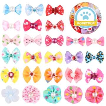 50pcs Dog Bows with Rubber Bands-Pet Cat Dog Hair Bows Multicolor Rhinestone Beads Flowers Topknot Puppy Bows(Random Mixed Color)
