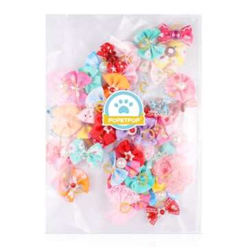 50pcs Dog Bows with Rubber Bands-Pet Cat Dog Hair Bows Multicolor Rhinestone Beads Flowers Topknot Puppy Bows(Random Mixed Color)