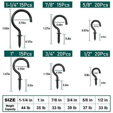 EIENHOSHI 105 Pcs Screw Hooks, 6 Sizes Black Cup Hooks, Screw Hooks for Hanging, Metal Cup Hooks Scr...