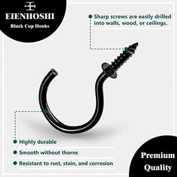 EIENHOSHI 105 Pcs Screw Hooks, 6 Sizes Black Cup Hooks, Screw Hooks for Hanging, Metal Cup Hooks Screw in (1/2", 5/8", 3/4", 7/8", 1'', 1-1/4")