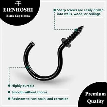 EIENHOSHI 105 Pcs Screw Hooks, 6 Sizes Black Cup Hooks, Screw Hooks for Hanging, Metal Cup Hooks Screw in (1/2", 5/8", 3/4", 7/8", 1'', 1-1/4")