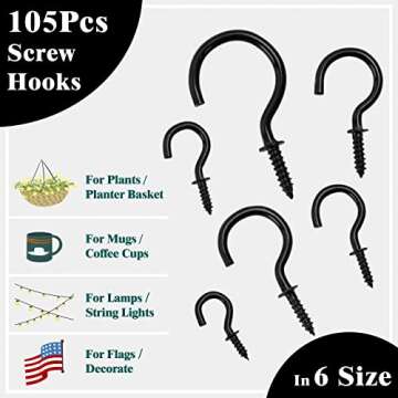 EIENHOSHI 105 Pcs Screw Hooks, 6 Sizes Black Cup Hooks, Screw Hooks for Hanging, Metal Cup Hooks Screw in (1/2", 5/8", 3/4", 7/8", 1'', 1-1/4")