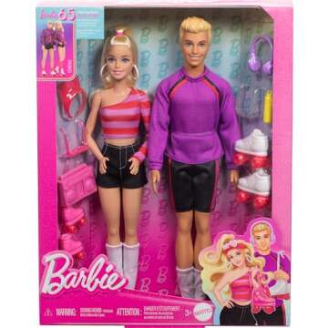 Barbie Fashionistas Set with 2 Fashion Dolls & 6 Accessories, Roller-Skating Ken, 65th Anniversary Collectible