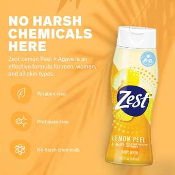 Zest Lemon Peel and Agave Body Wash - Invigorating and Energizing Ingredients Refresh, Moisturize and Soothe your Skin - 16.5 Fl Oz - Pack of 6