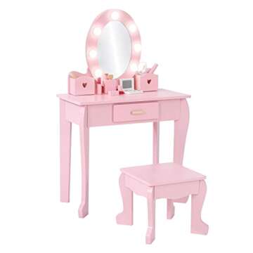 Bophy Girls' Vanity Table and Chair Set, Kids Makeup Dressing Table with Lights & Wood Makeup Playse...
