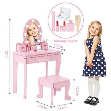 Bophy Girls' Vanity Table and Chair Set, Kids Makeup Dressing Table with Lights & Wood Makeup Playset, Kids Vanity Set with Mirror & Drawer for Age 4-9, Pink (STM-101PA)