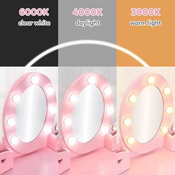 Bophy Girls' Vanity Table and Chair Set, Kids Makeup Dressing Table with Lights & Wood Makeup Playset, Kids Vanity Set with Mirror & Drawer for Age 4-9, Pink (STM-101PA)