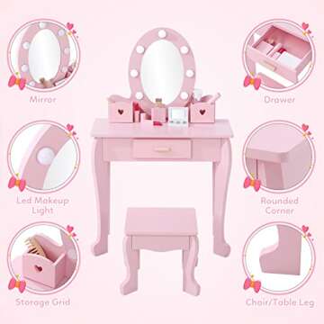 Bophy Girls' Vanity Table and Chair Set, Kids Makeup Dressing Table with Lights & Wood Makeup Playset, Kids Vanity Set with Mirror & Drawer for Age 4-9, Pink (STM-101PA)
