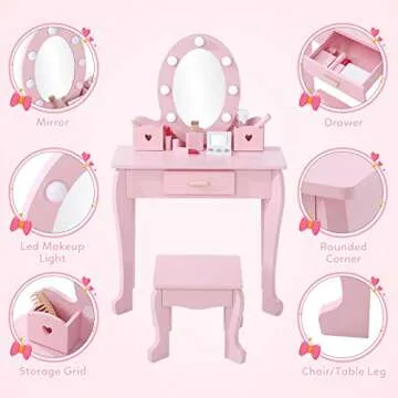 Bophy Girls' Vanity Table and Chair Set, Kids Makeup Dressing Table with Lights & Wood Makeup Playset, Kids Vanity Set with Mirror & Drawer for Age 4-9, Pink (STM-101PA)