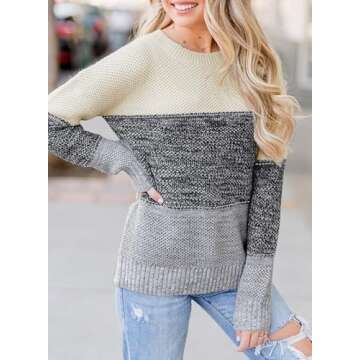 Dokotoo Women's Color Block Sweaters Winter Crewneck Long Sleeve Striped Fall Sweaters for Women Comfy Loose Knit Jumpers Pullovers Tops Gray Small