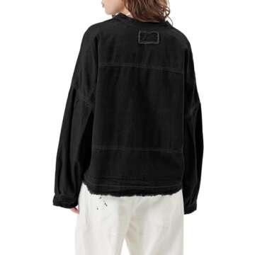 PLNOTME Womens Denim Tops Pullover Trendy Casual V Neck Loose Fit Puff Sleeve Jean Cotton Shirts