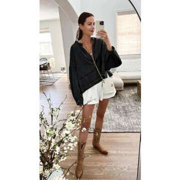 PLNOTME Womens Denim Tops Pullover Trendy Casual V Neck Loose Fit Puff Sleeve Jean Cotton Shirts