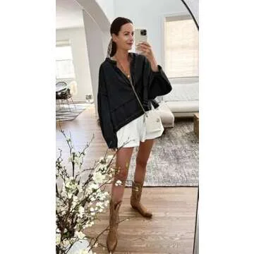 PLNOTME Womens Denim Tops Pullover Trendy Casual V Neck Loose Fit Puff Sleeve Jean Cotton Shirts