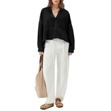 PLNOTME Womens Denim Tops Pullover Trendy Casual V Neck Loose Fit Puff Sleeve Jean Cotton Shirts