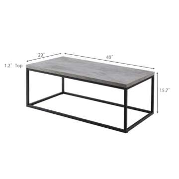CENSI 40-Inch Concrete Coffee Table End Table for Living Room, Rectangle, Modern Industrial Style, Extra Thick Top, Wood and Metal (Grey Marble)