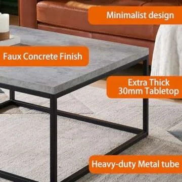 CENSI 40-Inch Concrete Coffee Table End Table for Living Room, Rectangle, Modern Industrial Style, Extra Thick Top, Wood and Metal (Grey Marble)