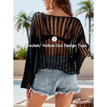 KEOMUD Women Crochet Knit See Through Tops Cover Up Fashion Long Sleeve Crew Neck Short Top Black Large