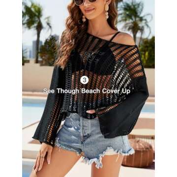 KEOMUD Women Crochet Knit See Through Tops Cover Up Fashion Long Sleeve Crew Neck Short Top Black Large