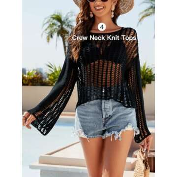KEOMUD Women Crochet Knit See Through Tops Cover Up Fashion Long Sleeve Crew Neck Short Top Black Large
