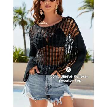 KEOMUD Women Crochet Knit See Through Tops Cover Up Fashion Long Sleeve Crew Neck Short Top Black Large