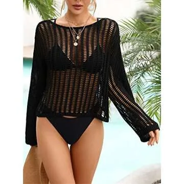 KEOMUD Women Crochet Knit See Through Tops Cover Up Fashion Long Sleeve Crew Neck Short Top Black Large