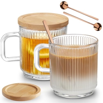 Stylish Mfacoy Glass Coffee Mug Set with Bamboo Lids