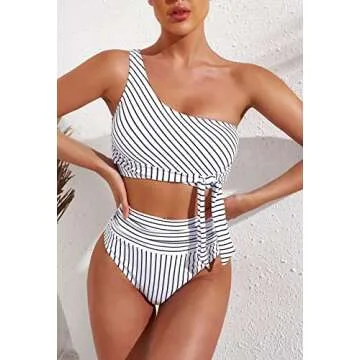 Pink Queen Women's One Shoulder High Waisted Bikini Set Tie High Leg Two Piece Swimsuit Striped White S