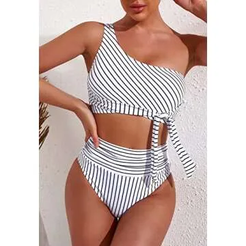 Pink Queen Women's One Shoulder High Waisted Bikini Set Tie High Leg Two Piece Swimsuit Striped White S