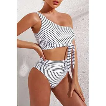 Pink Queen Women's One Shoulder High Waisted Bikini Set Tie High Leg Two Piece Swimsuit Striped White S