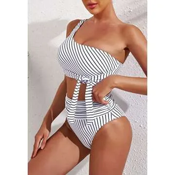 Pink Queen Women's One Shoulder High Waisted Bikini Set Tie High Leg Two Piece Swimsuit Striped White S